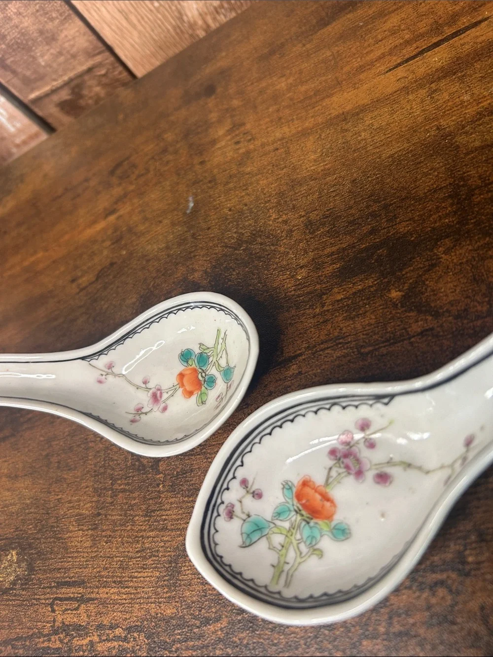 Porcelain Floral Soup Spoons - White with Orange Floral Accent